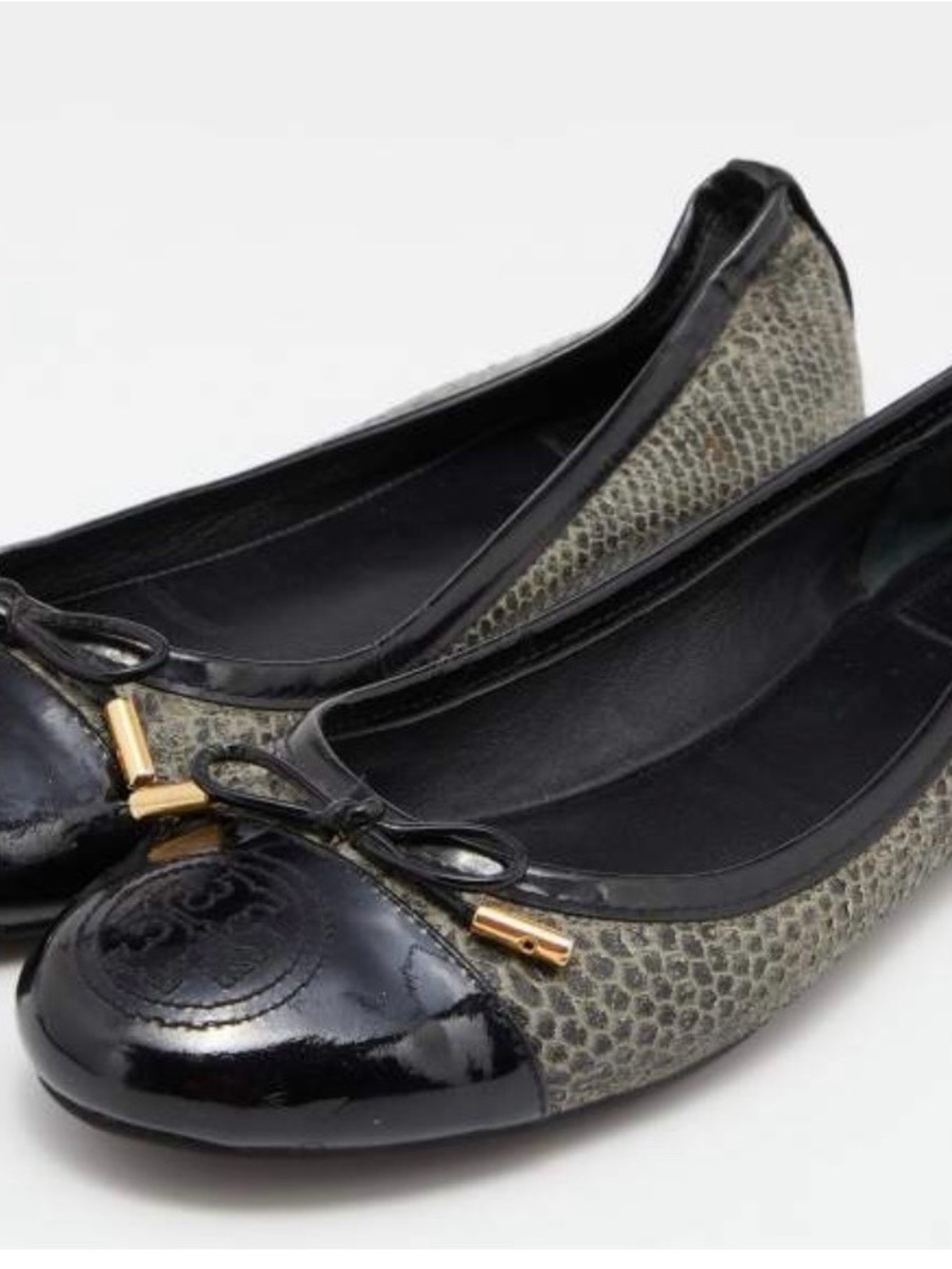 Tory Burch Black Patent & Gray Textured Reva Flats Womens’s 6
